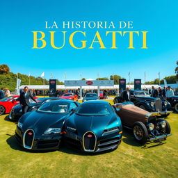 A striking composition featuring several Bugatti cars, including iconic models like the Bugatti Veyron, Bugatti Chiron, and classic Bugatti Type 35, all parked together in a luxurious environment