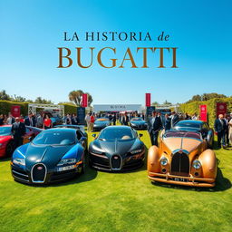 A striking composition featuring several Bugatti cars, including iconic models like the Bugatti Veyron, Bugatti Chiron, and classic Bugatti Type 35, all parked together in a luxurious environment