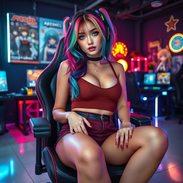 A sexy egirl with colorful dyed hair and bold makeup, showcasing her confident charm