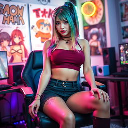 A sexy egirl with colorful dyed hair and bold makeup, showcasing her confident charm