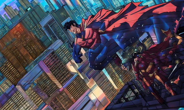 Anime-style Omni-Man jumping off a skyscraper in a low angle shot with Justice League members positioned on various levels of the building against a dusk cityscape.