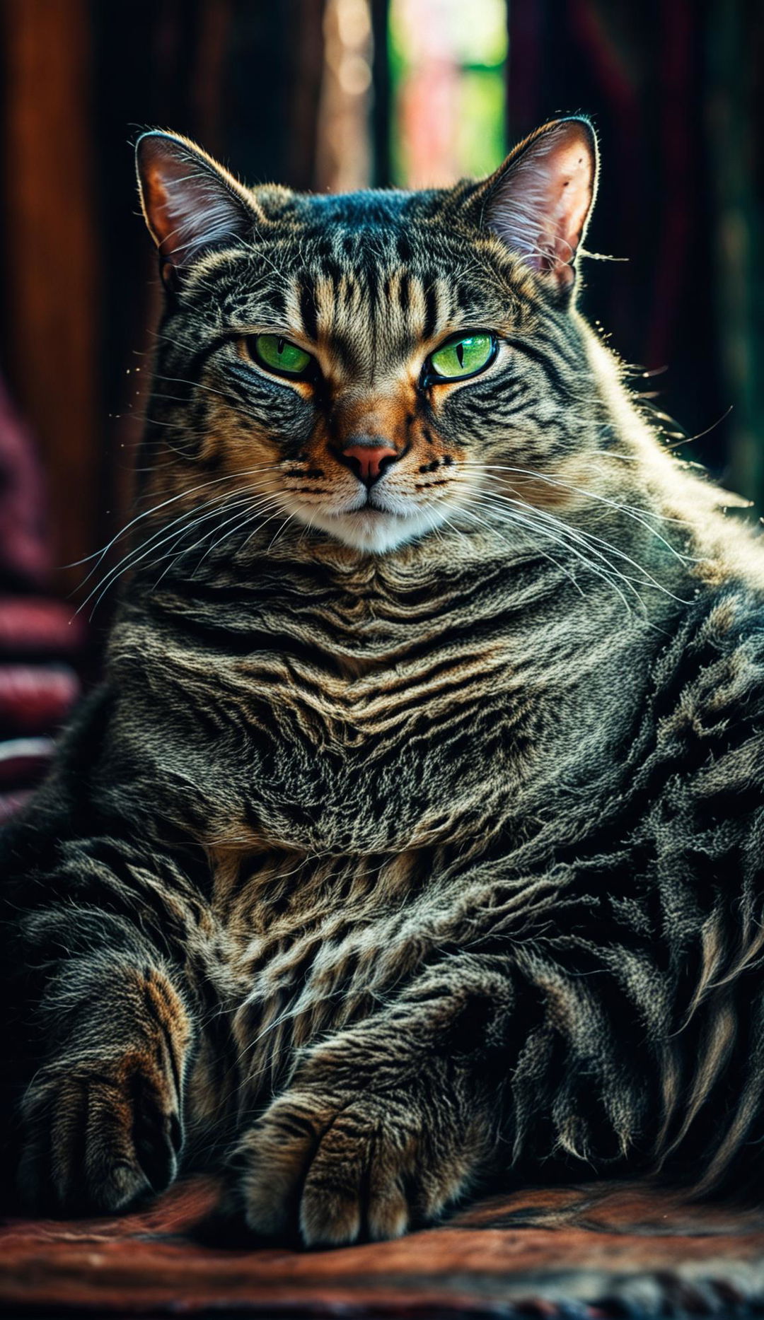 A chubby tabby cat with vibrant green eyes sits comfortably in the center of the frame, its large belly spilling out onto the ground beneath it. The background is blurred out to draw focus to the cat.