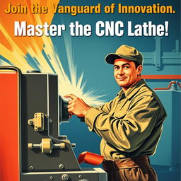 A vintage Soviet propaganda poster from the 1950s, showcasing a confident worker operating a CNC lathe with skill and dedication