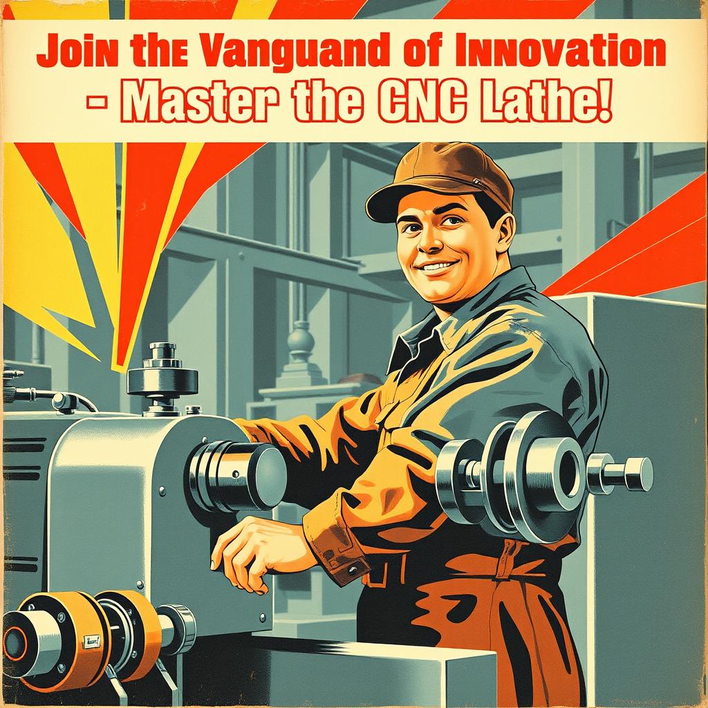 A vintage Soviet propaganda poster from the 1950s, showcasing a confident worker operating a CNC lathe with skill and dedication