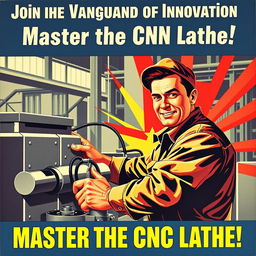 A vintage Soviet propaganda poster from the 1950s, showcasing a confident worker operating a CNC lathe with skill and dedication