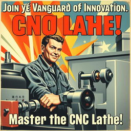 A vintage Soviet propaganda poster from the 1950s, showcasing a confident worker operating a CNC lathe with skill and dedication