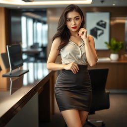 A sexy Korean secretary, 27 years old, showcasing her long legs and curvy figure