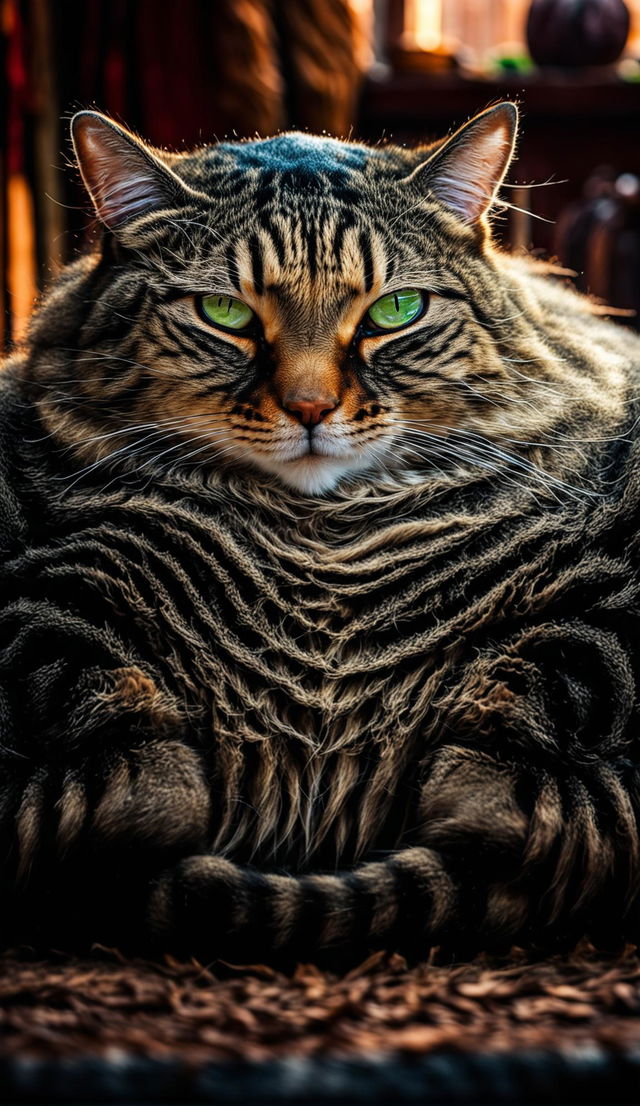 An extremely chubby tabby cat with vibrant green eyes lounges in the center of the frame, its enormous belly spreading out onto the ground beneath it. The background is blurred to emphasize the cat.