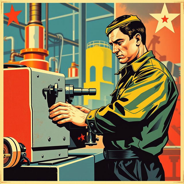 A classic Soviet-style propaganda poster from the 1950s, depicting a dedicated CNC machine operator skillfully working at a CNC lathe