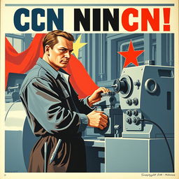 A classic Soviet-style propaganda poster from the 1950s, depicting a dedicated CNC machine operator skillfully working at a CNC lathe