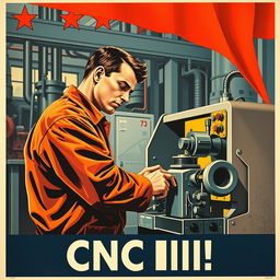 A classic Soviet-style propaganda poster from the 1950s, depicting a dedicated CNC machine operator skillfully working at a CNC lathe