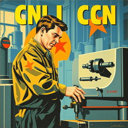 A classic Soviet-style propaganda poster from the 1950s, depicting a dedicated CNC machine operator skillfully working at a CNC lathe