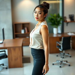 A sexy Korean secretary, 27 years old, showcasing her long legs and curvy figure