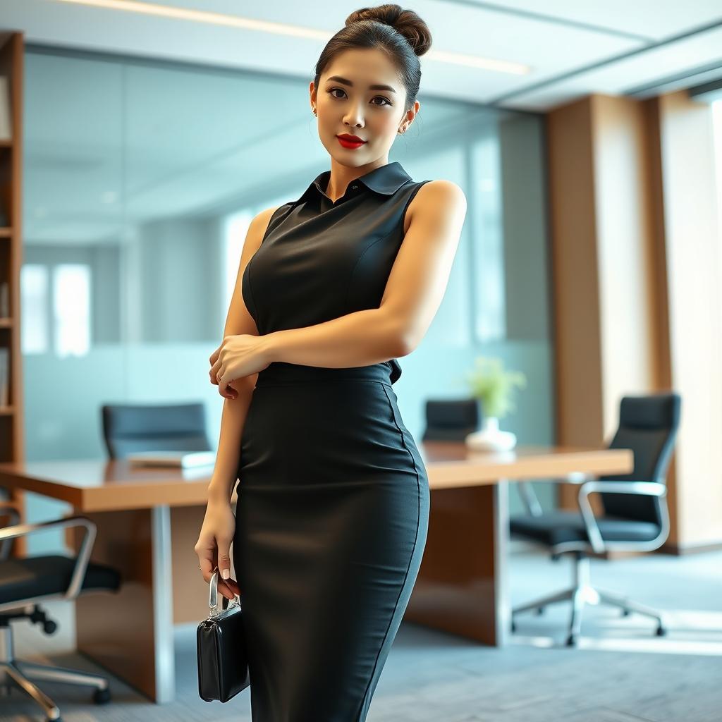 A sexy Korean secretary, 27 years old, showcasing her long legs and curvy figure