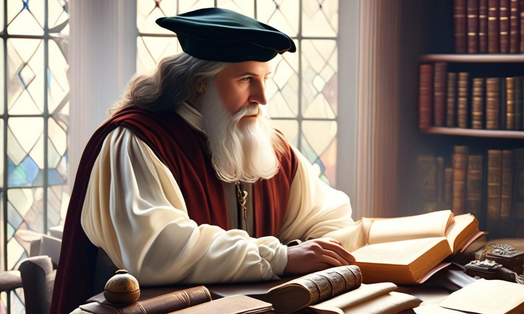 Renaissance-era scholar at a desk filled with ancient books and artifacts, bathed in soft natural light from a stained glass window, conveying wisdom and curiosity against a backdrop of intellectual richness.