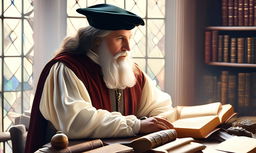 Renaissance-era scholar at a desk filled with ancient books and artifacts, bathed in soft natural light from a stained glass window, conveying wisdom and curiosity against a backdrop of intellectual richness.