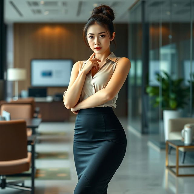 A sexy Korean secretary, 27 years old, showcasing her long legs and curvy figure