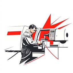 A striking Soviet-style propaganda poster from the 1950s, illustrating a dedicated CNC machine operator working skillfully at a CNC lathe