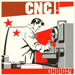 A striking Soviet-style propaganda poster from the 1950s, illustrating a dedicated CNC machine operator working skillfully at a CNC lathe