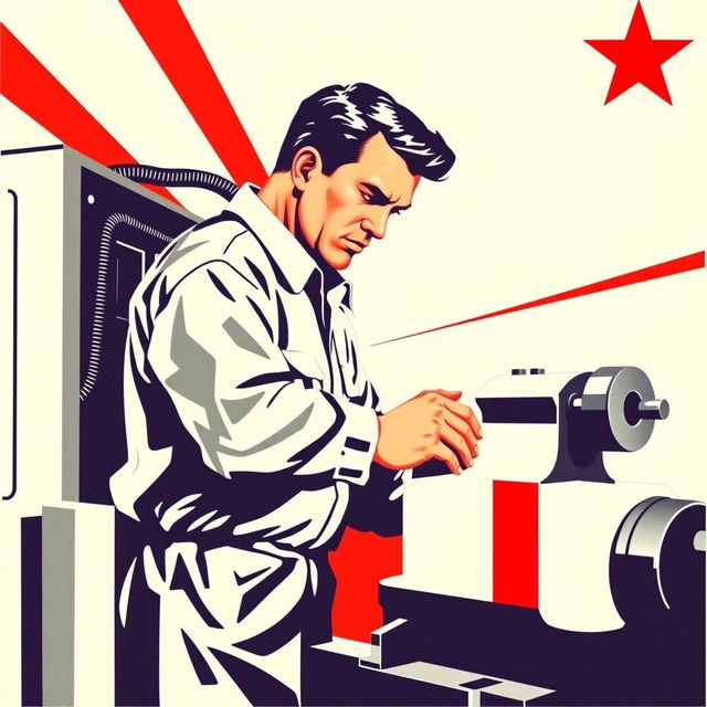 A striking Soviet-style propaganda poster from the 1950s, illustrating a dedicated CNC machine operator working skillfully at a CNC lathe