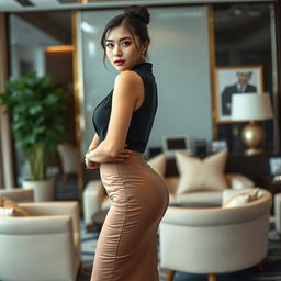 A sexy Korean secretary, 27 years old, showcasing her long legs and curvy physique