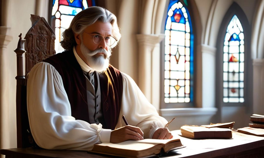 Renaissance-era scholar at a desk filled with ancient books and artifacts, bathed in soft natural light from a stained glass window, conveying wisdom and curiosity against a backdrop of intellectual richness.