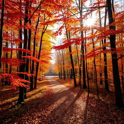 A beautiful autumn forest scene featuring two paths diverging amongst tall trees with leaves in vibrant shades of red, orange, and yellow