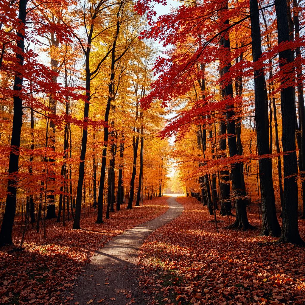 A beautiful autumn forest scene featuring two paths diverging amongst tall trees with leaves in vibrant shades of red, orange, and yellow