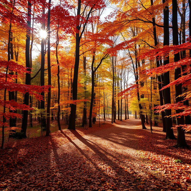 A beautiful autumn forest scene featuring two paths diverging amongst tall trees with leaves in vibrant shades of red, orange, and yellow