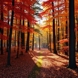 A beautiful autumn forest scene featuring two paths diverging amongst tall trees with leaves in vibrant shades of red, orange, and yellow
