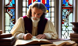 Renaissance-era scholar at a desk filled with ancient books and artifacts, bathed in soft natural light from a stained glass window, conveying wisdom and curiosity against a backdrop of intellectual richness.