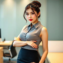 A sexy Korean secretary, 27 years old, featuring her long legs and curvy physique prominently