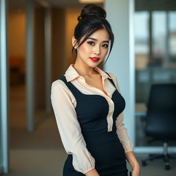 A sexy Korean secretary, 27 years old, featuring her long legs and curvy physique prominently