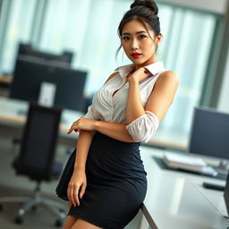 A sexy Korean secretary, 27 years old, featuring her long legs and curvy physique prominently