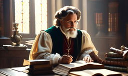 Renaissance-era scholar at a desk filled with ancient books and artifacts, bathed in soft natural light from a stained glass window, conveying wisdom and curiosity against a backdrop of intellectual richness.