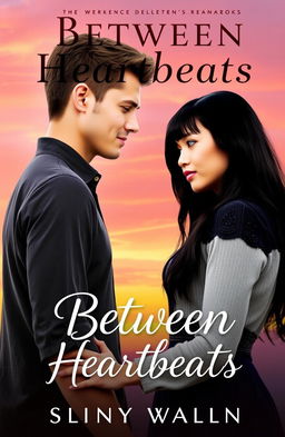 A romance book cover featuring a 6ft tall man with brown hair and a 5'2ft tall woman with long black hair and bangs