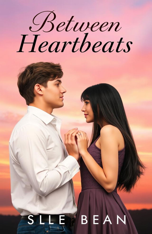 A romance book cover featuring a 6ft tall man with brown hair and a 5'2ft tall woman with long black hair and bangs