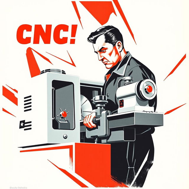 A vibrant Soviet-style propaganda poster from the 1950s, depicting a dedicated CNC machine operator in action at a CNC lathe