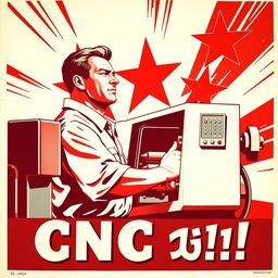 A vibrant Soviet-style propaganda poster from the 1950s, depicting a dedicated CNC machine operator in action at a CNC lathe
