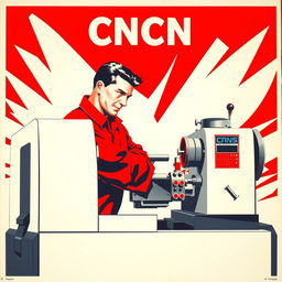 A vibrant Soviet-style propaganda poster from the 1950s, depicting a dedicated CNC machine operator in action at a CNC lathe