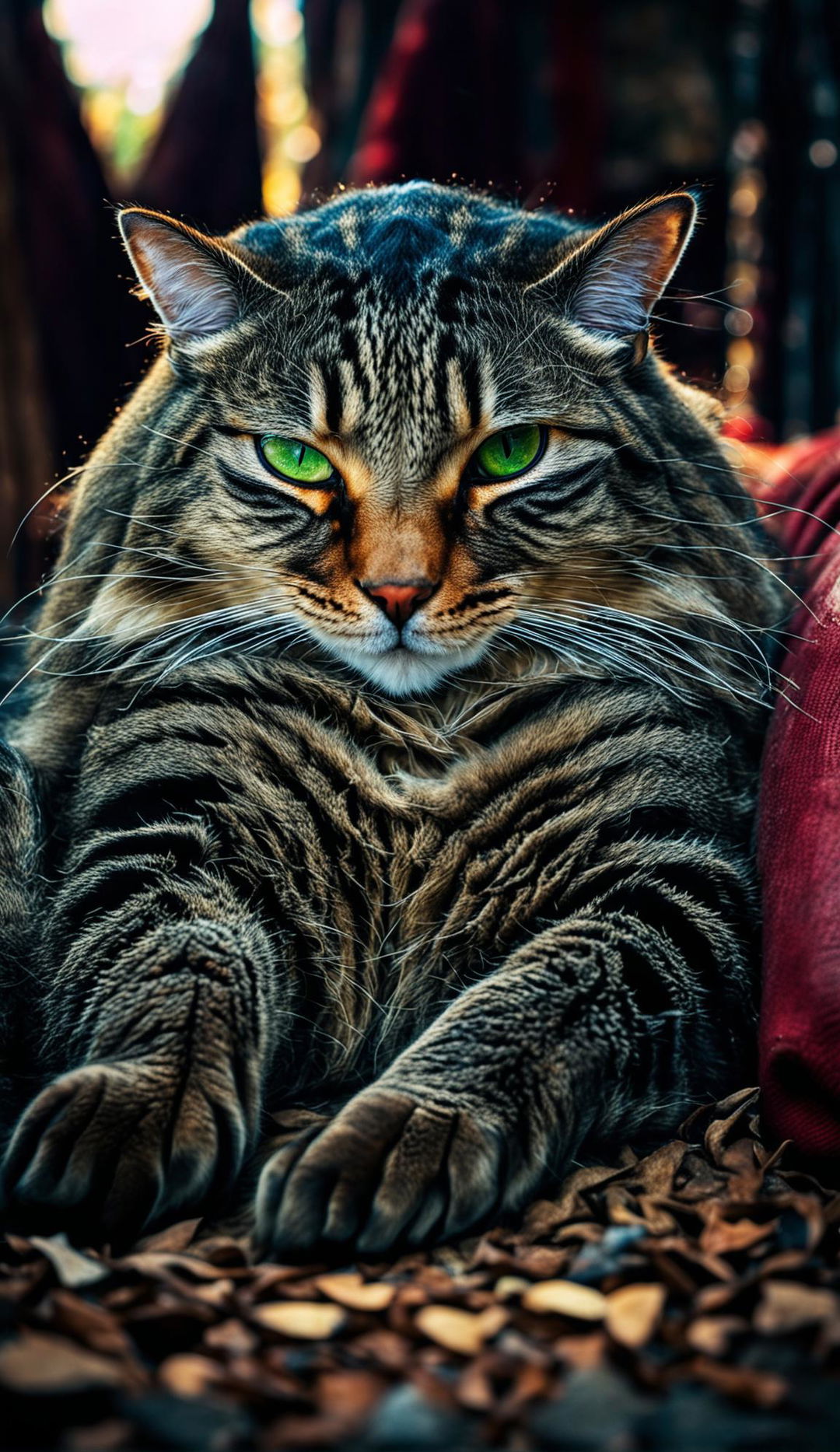 A colossal tabby cat with vibrant green eyes sprawls in the center of the frame, its gargantuan belly engulfing the ground beneath it. The background is blurred to emphasize the enormity of the cat.