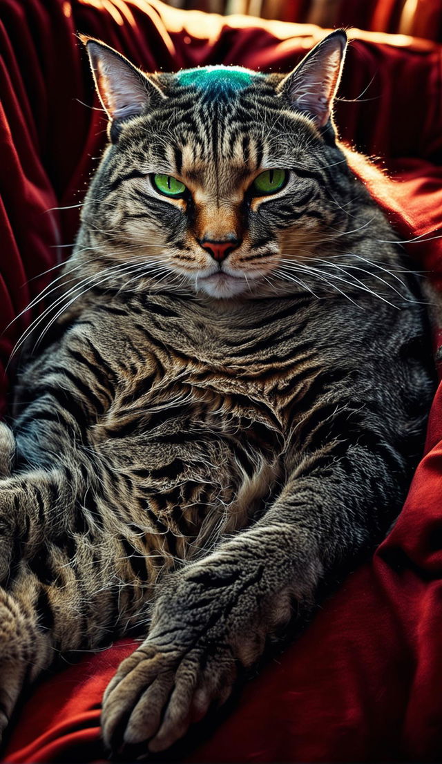 A cosmically obese tabby cat with vibrant green eyes sprawls in the center of the frame, its astronomical belly engulfing the ground beneath it. The background is blurred to emphasize the enormity of the cat.