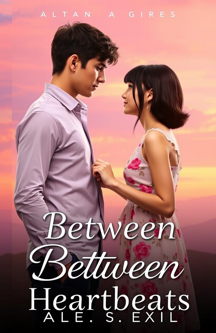 A romantic book cover featuring a tall, 6-foot teenage boy with brown hair and an attractive formal shirt that enhances his good looks, standing a short distance from a 5'2" teenage girl with long black hair styled in a butterfly cut