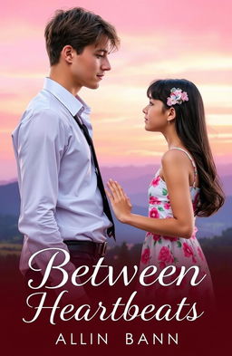 A romantic book cover featuring a tall, 6-foot teenage boy with brown hair and an attractive formal shirt that enhances his good looks, standing a short distance from a 5'2" teenage girl with long black hair styled in a butterfly cut