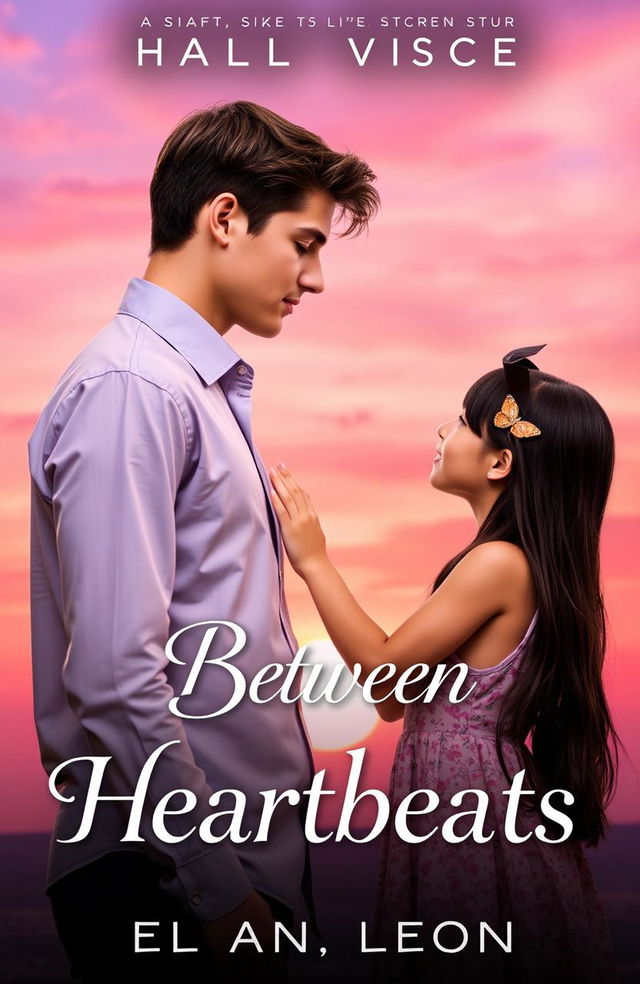 A romantic book cover featuring a tall, 6-foot teenage boy with brown hair and an attractive formal shirt that enhances his good looks, standing a short distance from a 5'2" teenage girl with long black hair styled in a butterfly cut