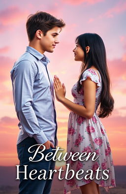 A romantic book cover featuring a tall, 6-foot teenage boy with brown hair and an attractive formal shirt that enhances his good looks, standing a short distance from a 5'2" teenage girl with long black hair styled in a butterfly cut