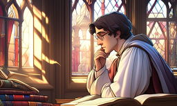 Artistic profile picture of a Renaissance scholar engrossed in ancient texts, surrounded by intellectual artifacts, bathed in the soft hues of a stained glass window.