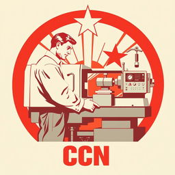 A visually striking Soviet-style propaganda poster from the 1950s, showcasing a dedicated CNC machine operator actively working at a CNC lathe