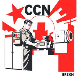 A visually striking Soviet-style propaganda poster from the 1950s, showcasing a dedicated CNC machine operator actively working at a CNC lathe