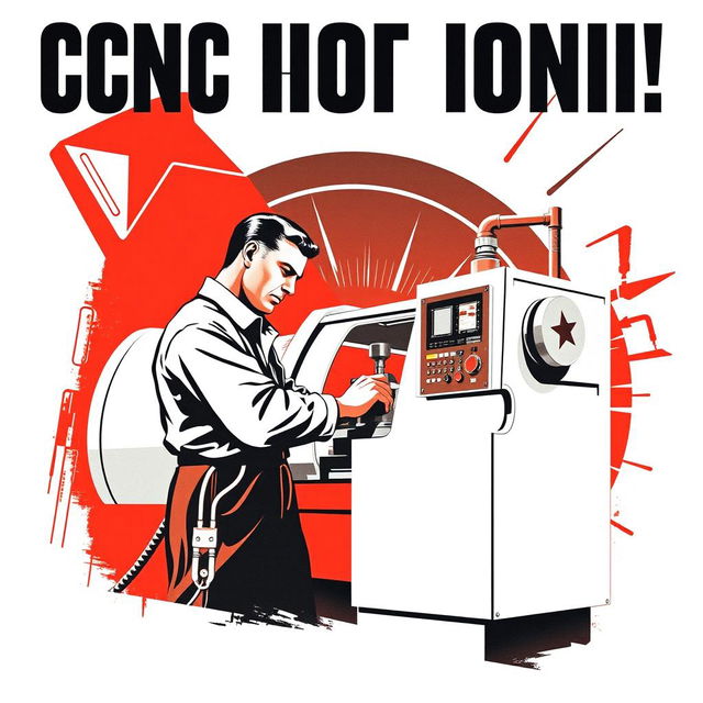 A visually striking Soviet-style propaganda poster from the 1950s, showcasing a dedicated CNC machine operator actively working at a CNC lathe